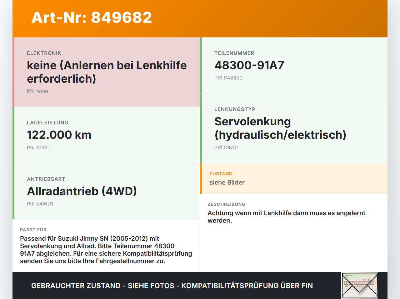 Suzuki Jimny SN 05-12 Lenkgetriebe Servolenkung Suzuki Jimny SN 05-12 17.08.2007 48300-91A7 gebraucht Vorschau 3