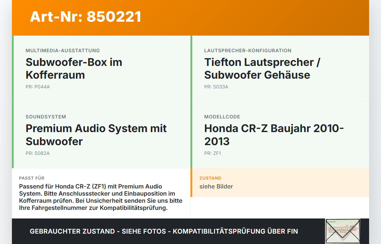 Honda CRZ ZF1 10-13 Lautsprecher Subwoofer Tiefton Honda CRZ ZF1 10-13 19.07.2012 gebraucht Vorschau 3