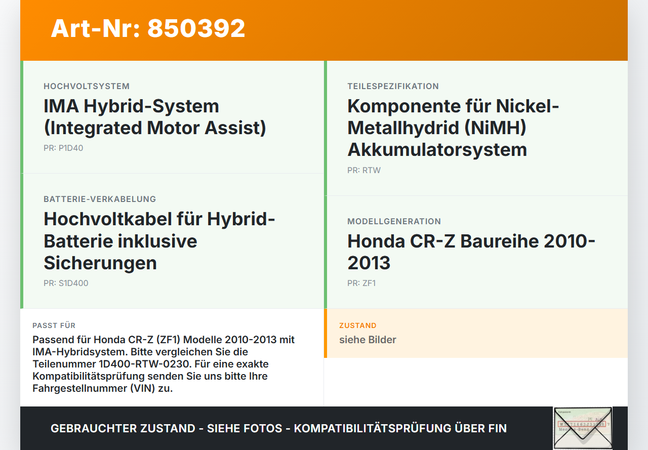 Honda CRZ ZF1 10-13 Kabel Hochvoltkabel Sicherungen für Batterie Honda CRZ ZF1 10-13 19.07.2012 1D400-RTW-0230 gebraucht Vorschau 3