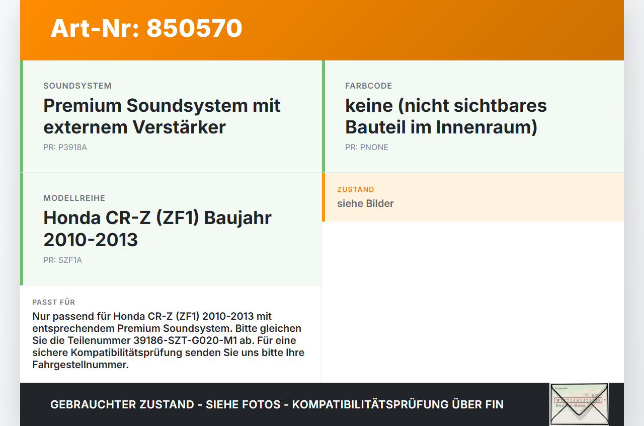Honda CRZ ZF1 10-13 Verstärker Endstufe für Soundsystem Honda CRZ ZF1 10-13 19.07.2012 39186-SZT-G020-M1 gebraucht Vorschau 3