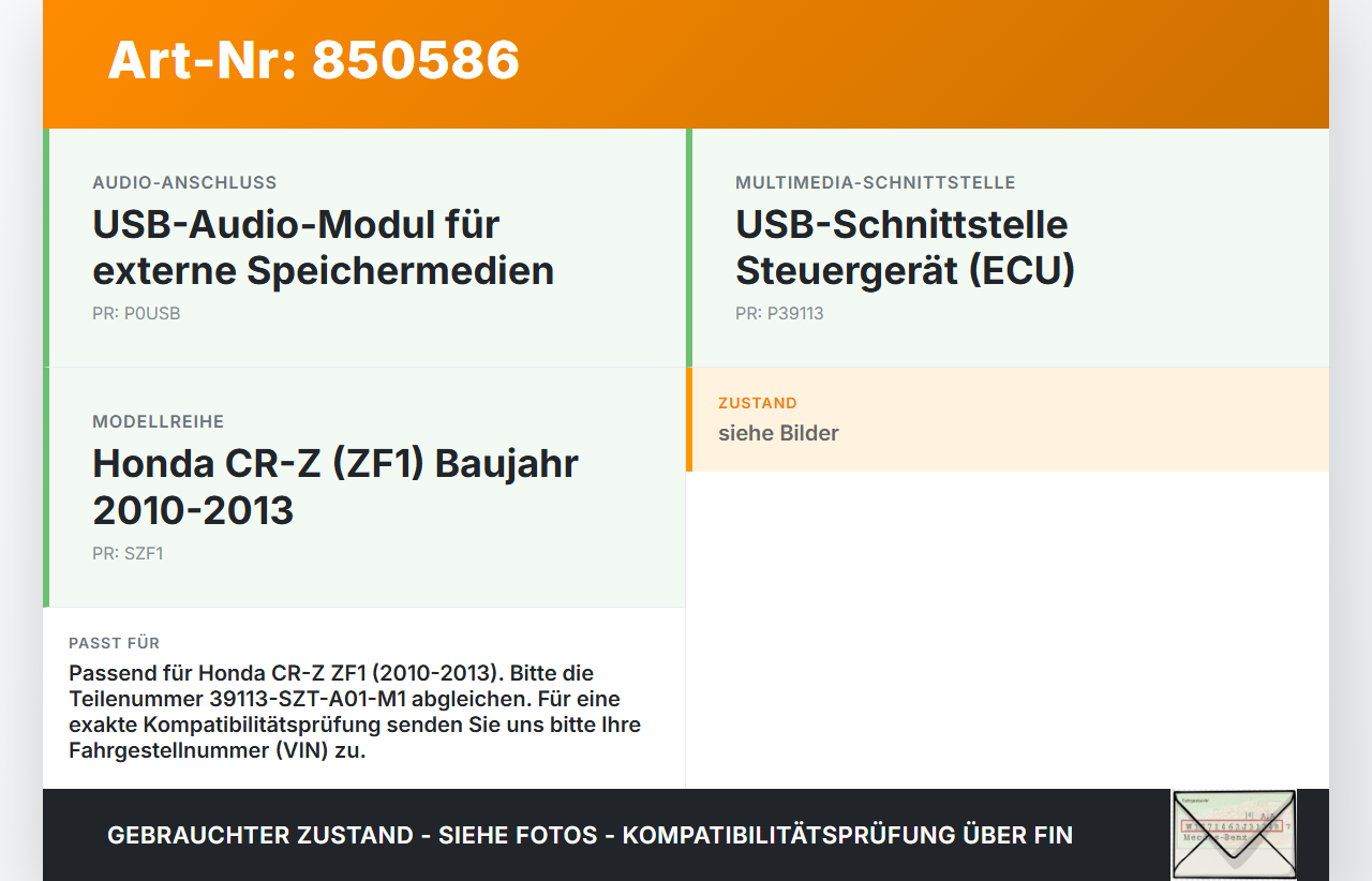 Honda CRZ ZF1 10-13 Steuergerät ECU Modul für USB Honda CRZ ZF1 10-13 19.07.2012 SZT-A01-M1 39113-SZT-A01-M1 gebraucht Vorschau 3