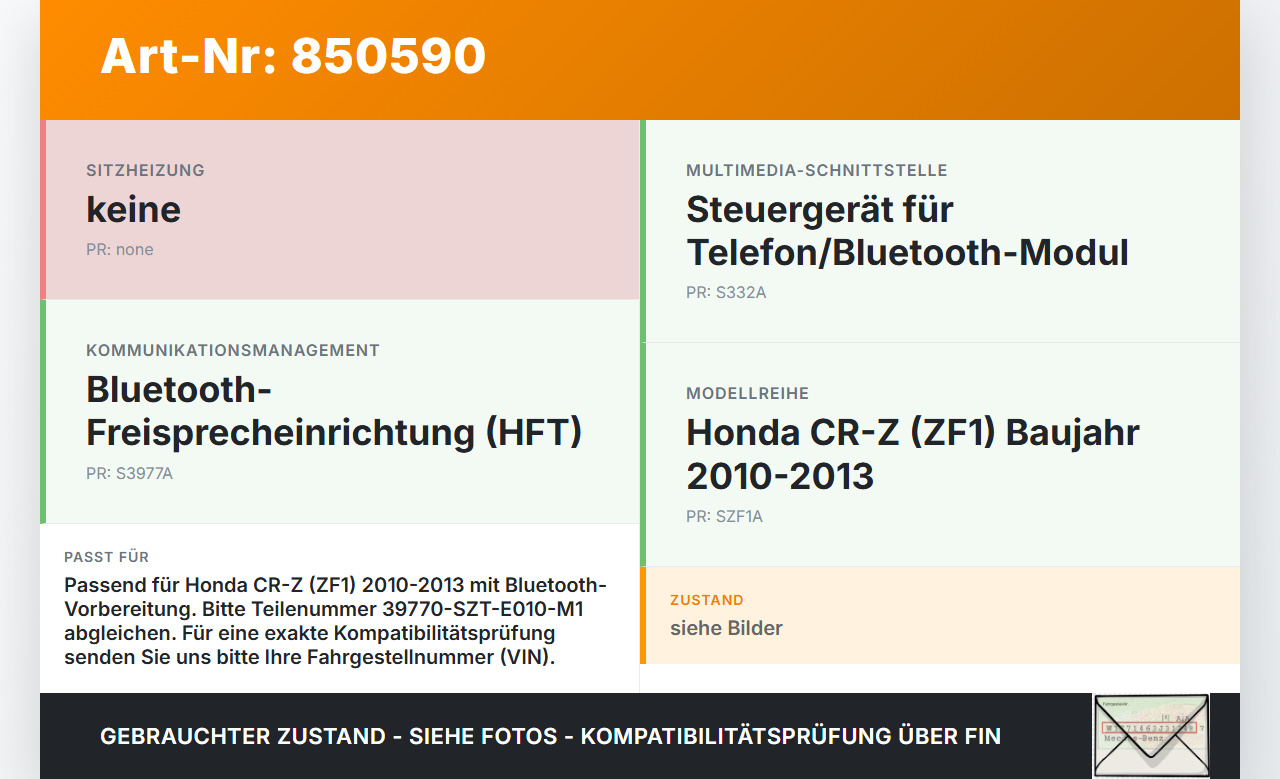 Honda CRZ ZF1 10-13 Steuergerät ECU Modul für Bluetooth Honda CRZ ZF1 10-13 19.07.2012 39770-SZT-E010-M1 gebraucht Vorschau 3