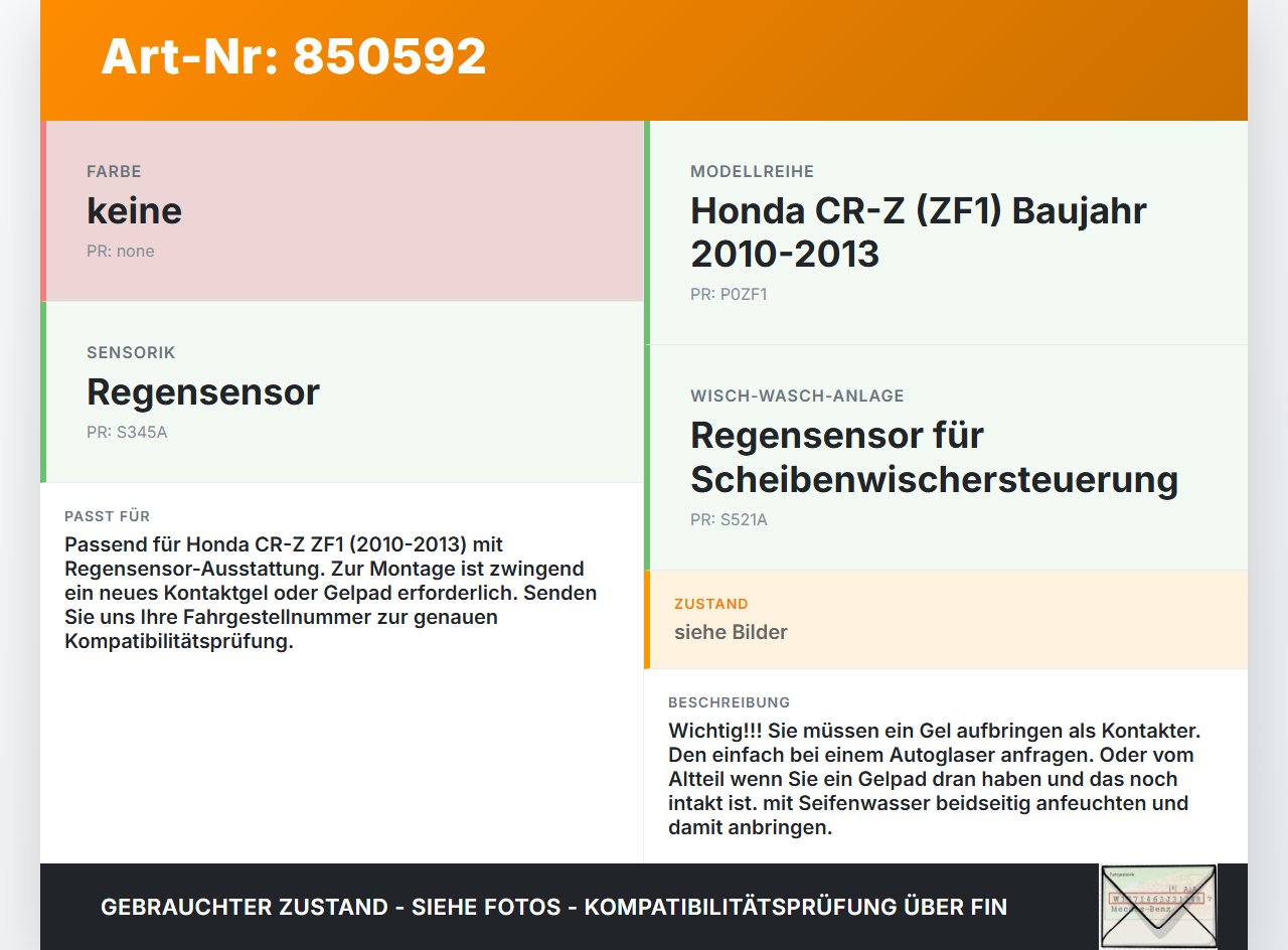 Honda CRZ ZF1 10-13 Regensensor Honda CRZ ZF1 10-13 19.07.2012 gebraucht Vorschau 3
