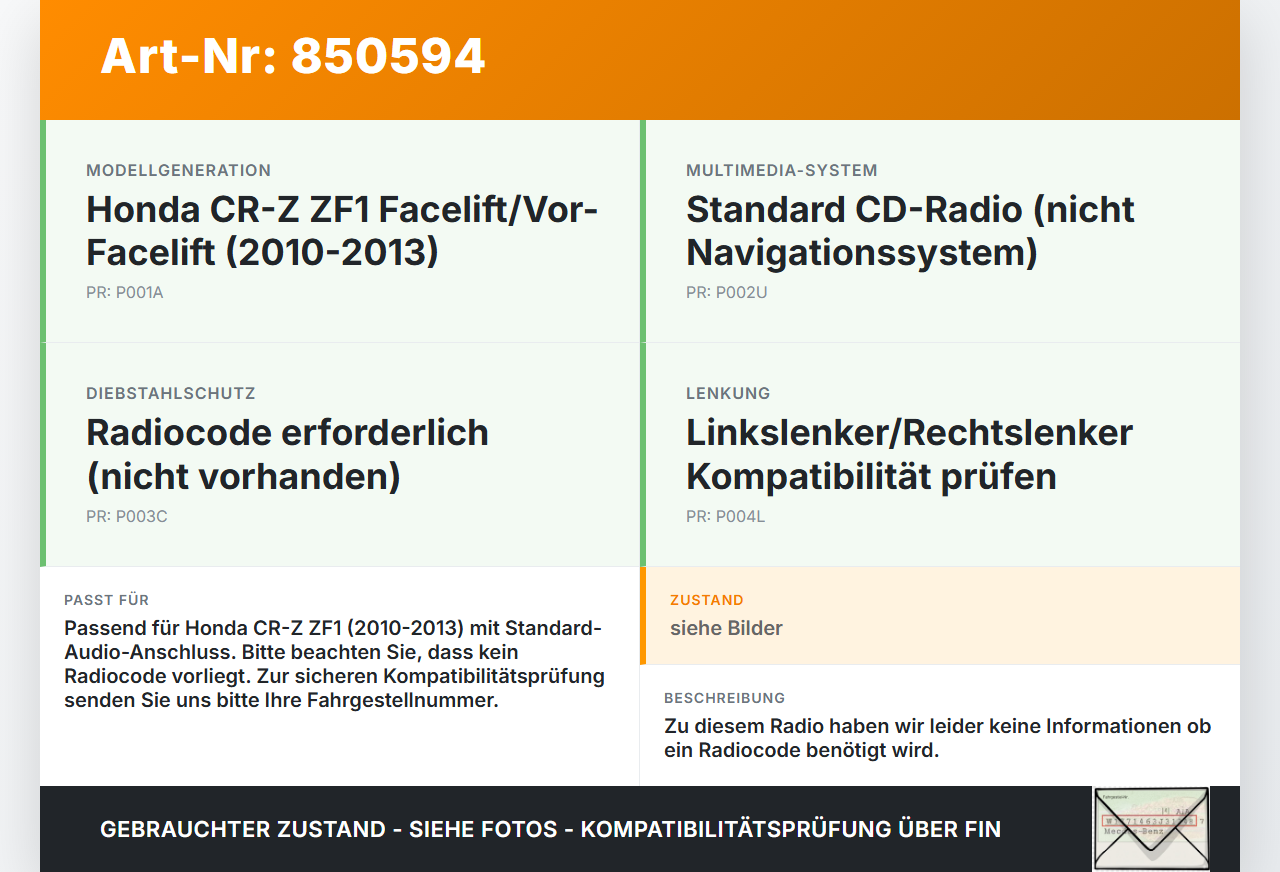 Honda CRZ ZF1 10-13 Autoradio CD-Radio Honda CRZ ZF1 10-13 19.07.2012 gebraucht Vorschau 3