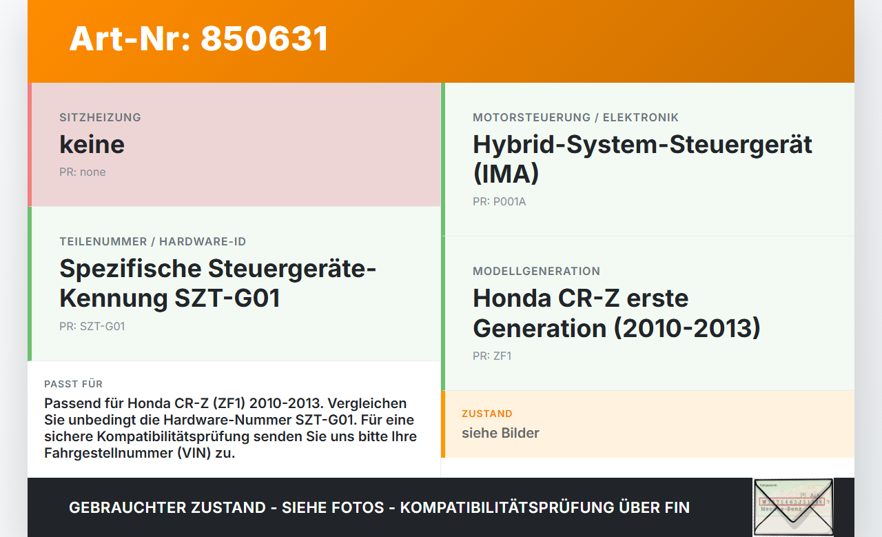 Honda CRZ ZF1 10-13 Steuergerät ECU Modul SG Honda CRZ ZF1 10-13 19.07.2012 SZT-G01 gebraucht Vorschau 3