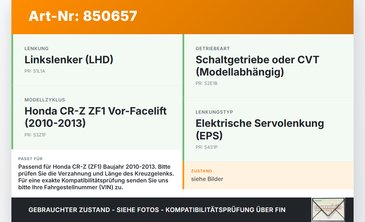 Honda CRZ ZF1 10-13 Lenkungsteil Kreuzgelenk Honda CRZ ZF1 10-13 19.07.2012 gebraucht Vorschau 3