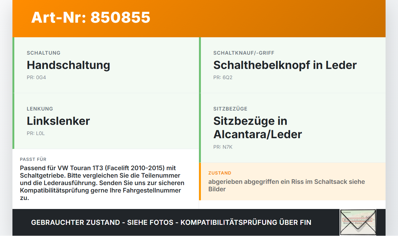 VW Touran 1T 10-15 Schaltsack Schaltknauf VW Touran 1T 10-15 29.04.2011 121901279 024120112 gebraucht Vorschau 3