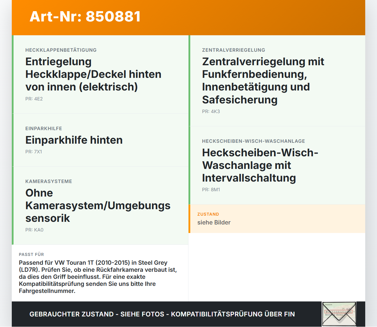 VW Touran 1T 10-15 Taster Griff aussen Heckklappe LD7R VW Touran 1T 10-15 29.04.2011 gebraucht Vorschau 3