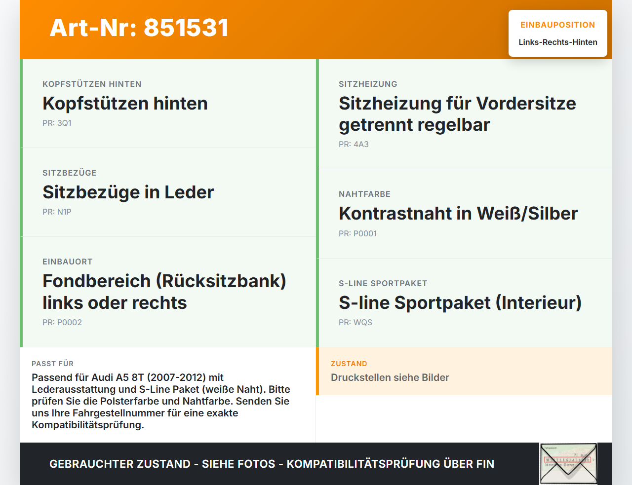 Audi A5 8T 07-12 Kopfstütze Rechts oder Links Hinten weiße Naht Leder Audi A5 8T 07-12 31.07.2009 gebraucht Vorschau 3