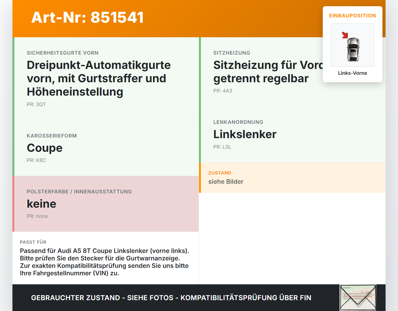 Audi A5 8T 07-12 Coupe Gurtschloss Links Vorne Audi A5 8T 07-12 31.07.2009 8K0857755D gebraucht Vorschau 3