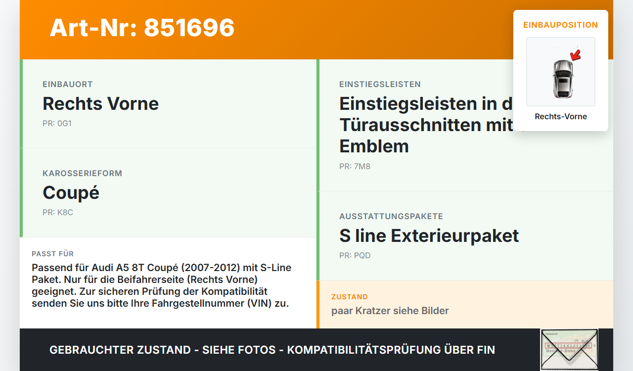 Audi A5 8T 07-12 Coupe Einstiegsleiste Rechts Vorne S-Line Audi A5 8T 07-12 31.07.2009 8T0853374 gebraucht Vorschau 3