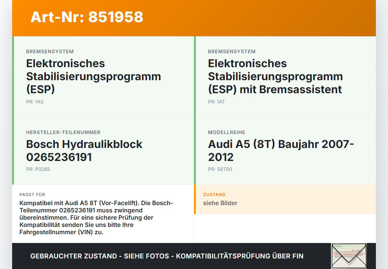 Audi A5 8T 07-12 ABS Steuergerät Aggregat Hydraulikblock Audi A5 8T 07-12 31.07.2009 8K0614517CT 0265236191... Vorschau 3