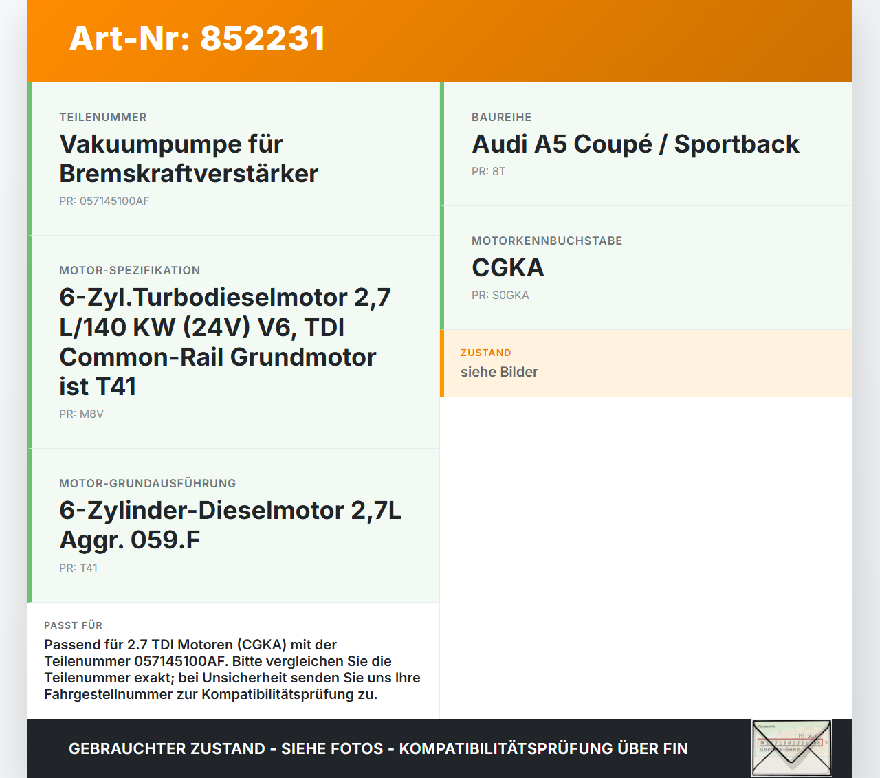 Audi A5 8T 07-12 TDI 2,7 140KW CGKA Unterdruckpumpe Vakuumpumpe Audi A5 8T 07-12 31.07.2009 057145100AF... Vorschau 3