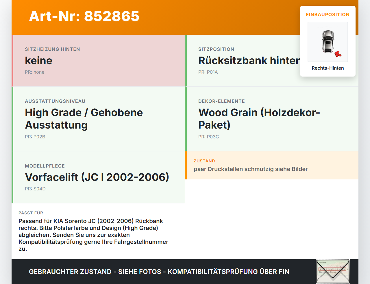 KIA Sorento JC I 02-06 Sitzbezug Sitzpolster Rechts für Rücksitzbank Hinten KIA Sorento JC I 02-06 28.06.2004 gebraucht Vorschau 3