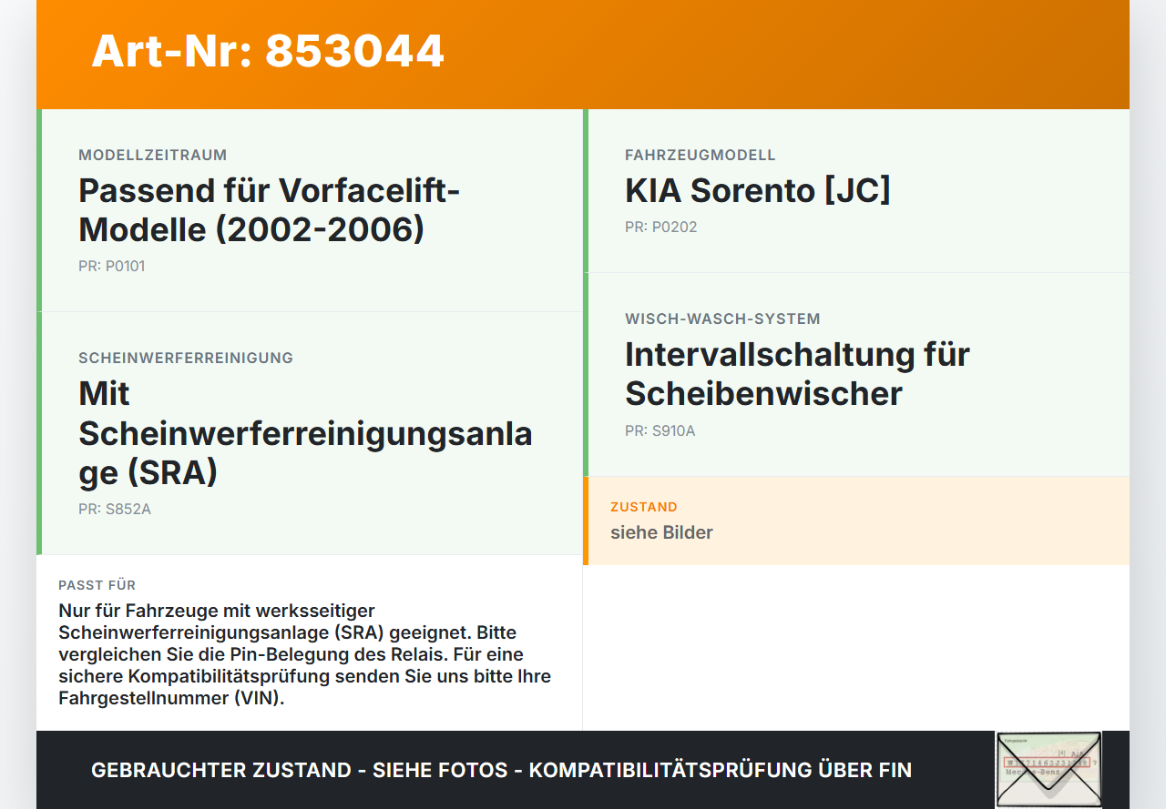 KIA Sorento JC I 02-06 Relais Scheinwerferreinigung SRA Wisch Wasch KIA Sorento JC I 02-06 28.06.2004 95460-3E000... Vorschau 3