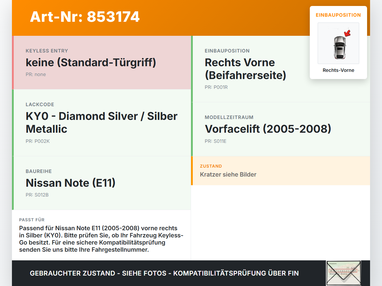 Nissan Note E11 05-08 Türgriff Griff aussen Rechts Vorne KY0 Nissan Note E11 05-08 22.12.2008 gebraucht Vorschau 3