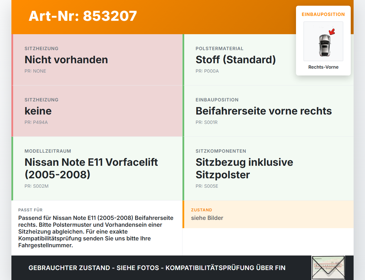 Nissan Note E11 05-08 Sitzbezug Sitzpolster für Beifahrersitz Rechts Vorne Nissan Note E11 05-08 22.12.2008 gebraucht Vorschau 3