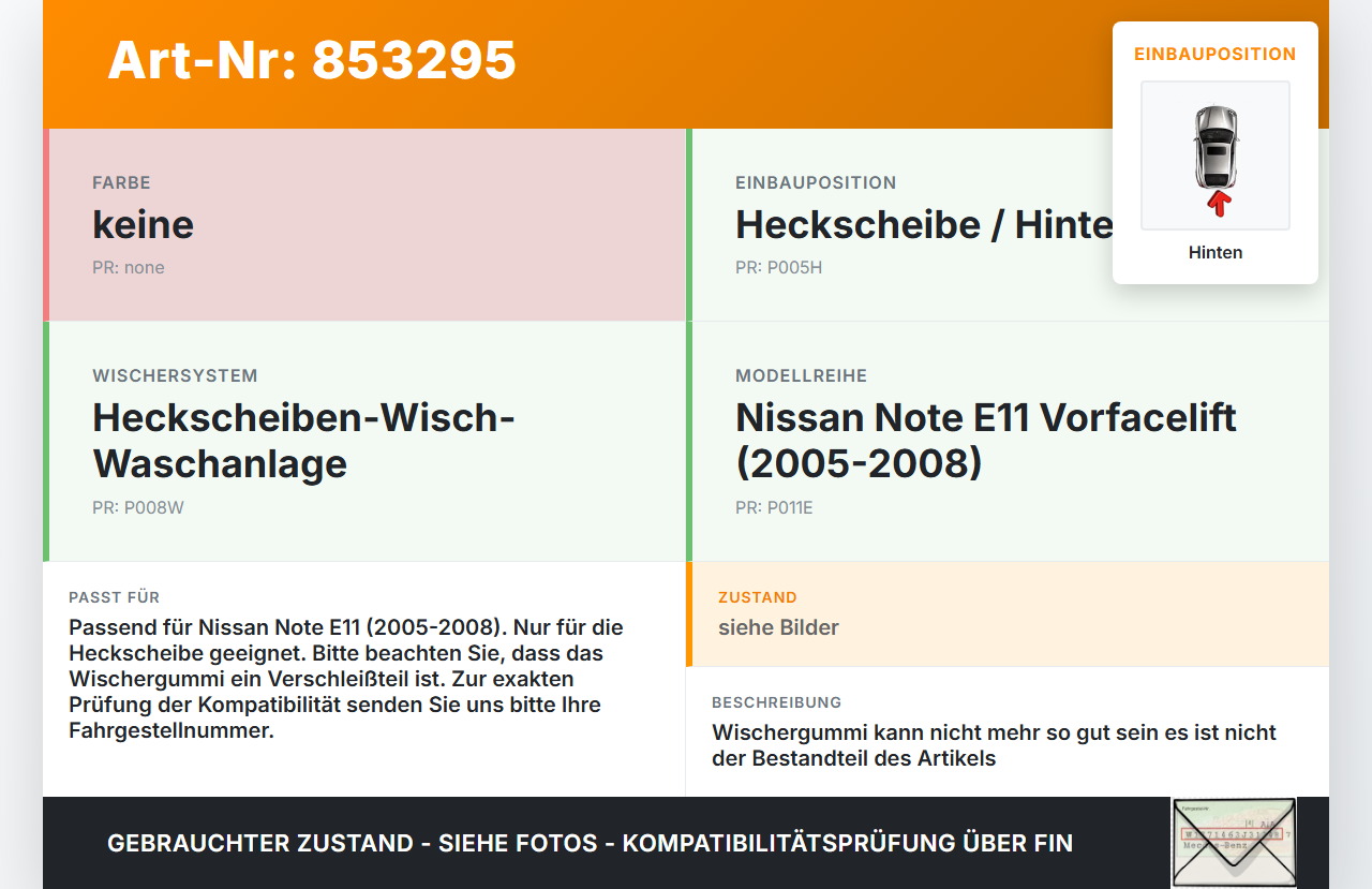 Nissan Note E11 05-08 Heckwischer Scheibenwischer Hinten Wischarm Nissan Note E11 05-08 22.12.2008 gebraucht Vorschau 3