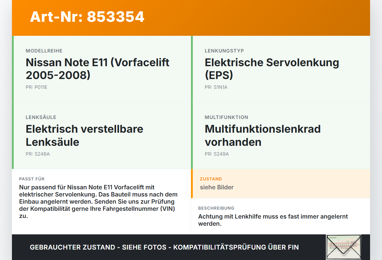 Nissan Note E11 05-08 Lenkhilfe elektr. Lenksäule Nissan Note E11 05-08 22.12.2008 28500-9U05A 48810-9U13A gebraucht Vorschau 3