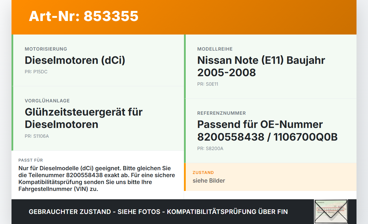 Nissan Note E11 05-08 Relais Vorglührelais Nissan Note E11 05-08 22.12.2008 8200558438-A gebraucht Vorschau 3
