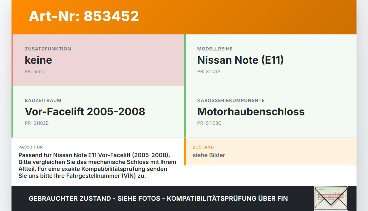 Nissan Note E11 05-08 Haubenschloss Motorhaubenschloss Schloss Nissan Note E11 05-08 22.12.2008 gebraucht Vorschau 3