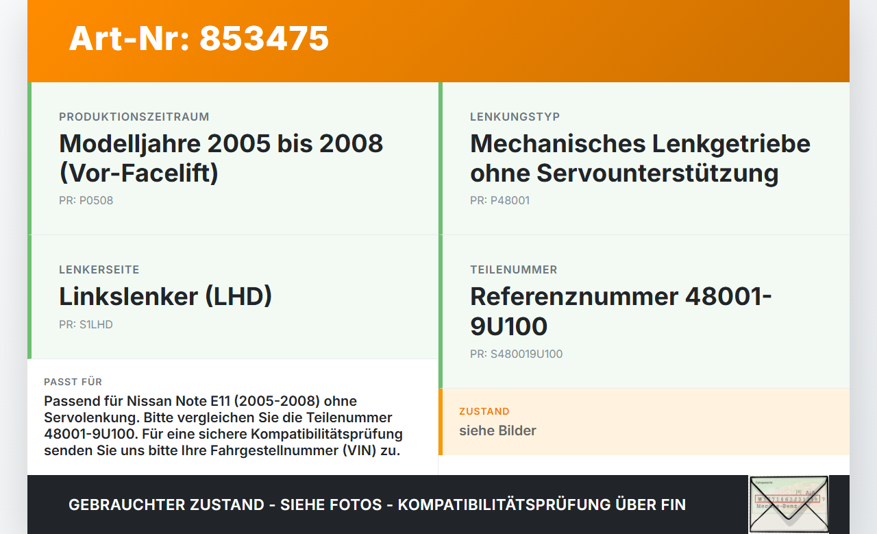 Nissan Note E11 05-08 Lenkgetriebe ohne Servolenkung Nissan Note E11 05-08 22.12.2008 48001-9U100 6900000818 gebraucht Vorschau 3