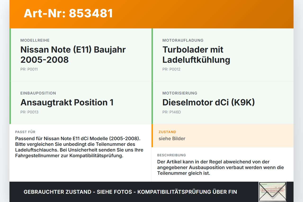 Nissan Note E11 05-08 dCi 1,5 76KW Ansaugrohr Ladeluftschlauch Luftschlauch Pos.1 Nissan Note E11 05-08 22.12.2008... Vorschau 3