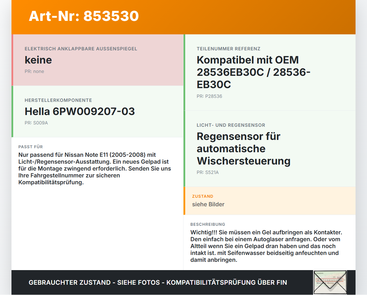 Nissan Note E11 05-08 Regensensor Nissan Note E11 05-08 22.12.2008 28536-EB30C gebraucht Vorschau 3