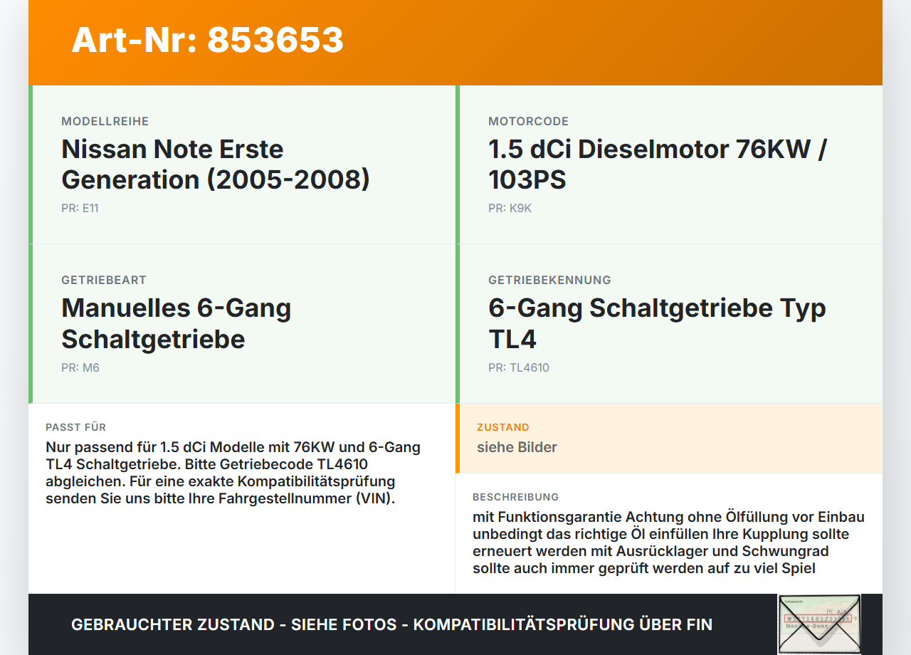 Nissan Note E11 05-08 dCi 1,5 76KW CR14DE K9K.6F Schaltgetriebe Getriebe TL4610 TL4610186 Nissan Note E11 05-08... Vorschau 3