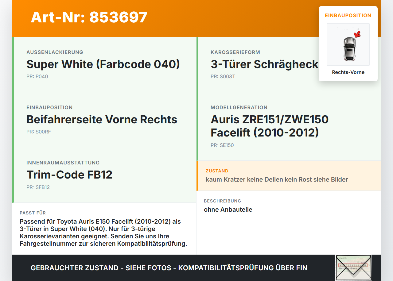 Toyota Auris ZW E150 10-12 3T Tür Beifahrertür Rechts Vorne 040 Toyota Auris ZW E150 10-12 27.10.2010 gebraucht Vorschau 3