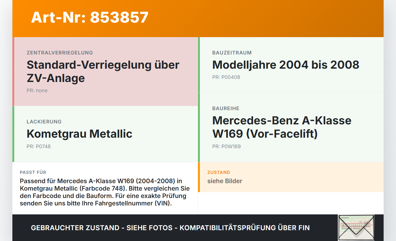 Mercedes A-Kl. W169 04-08 Tankdeckel Tankklappe 748 Mercedes A-Kl. W169 04-08 24.02.2005 gebraucht Vorschau 3