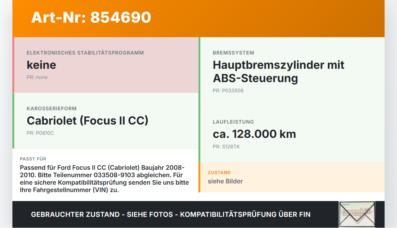 Ford Focus II CC 08-10 Hauptbremszylinder Bremszylinder Ford Focus II CC 08-10 22.12.2008 033508-9103 gebraucht Vorschau 3