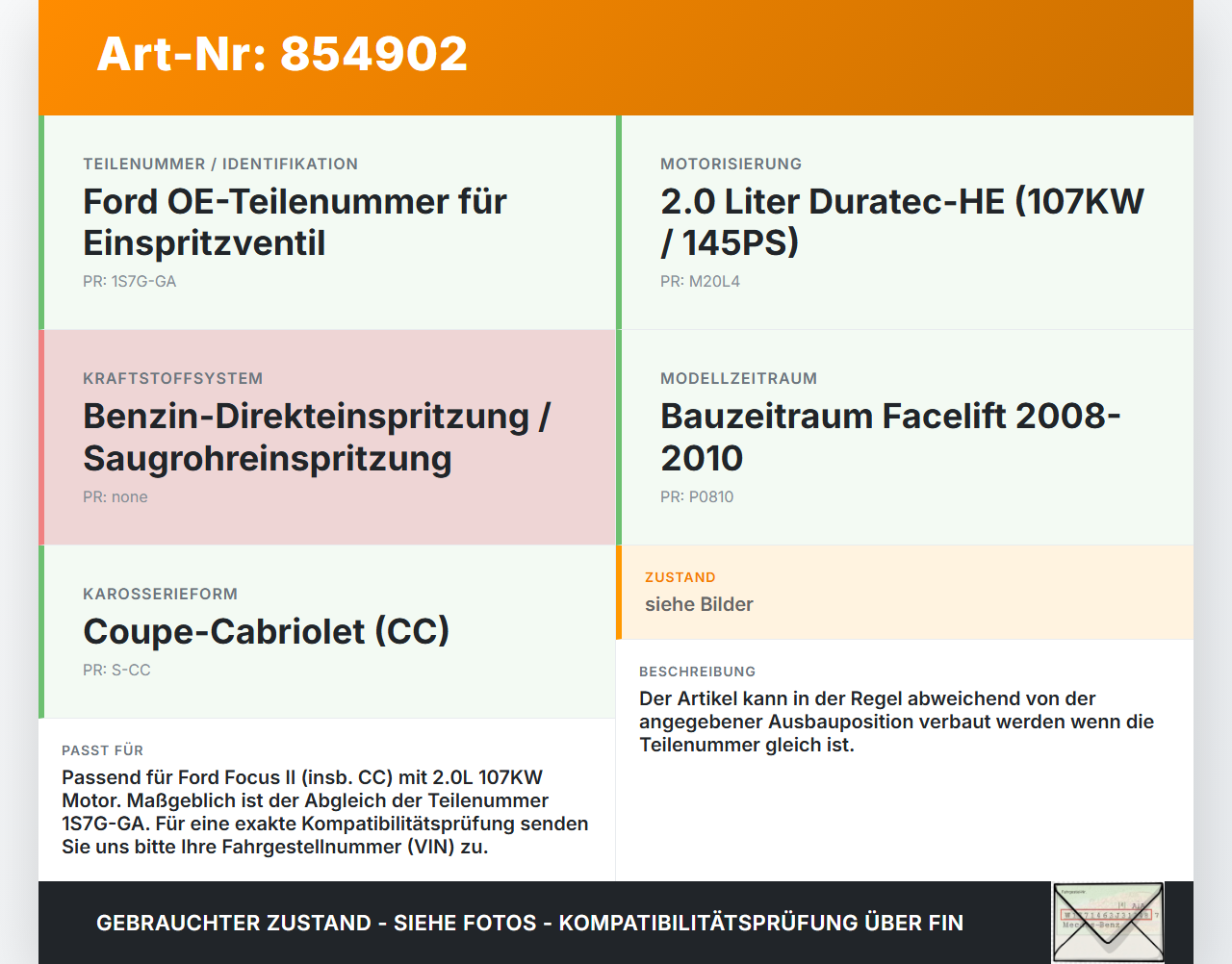 Ford Focus II CC 08-10 2,0 107KW Einspritzdüse Einspritzventil Zyl.1 Ford Focus II CC 08-10 22.12.2008 1S7G-GA... Vorschau 3