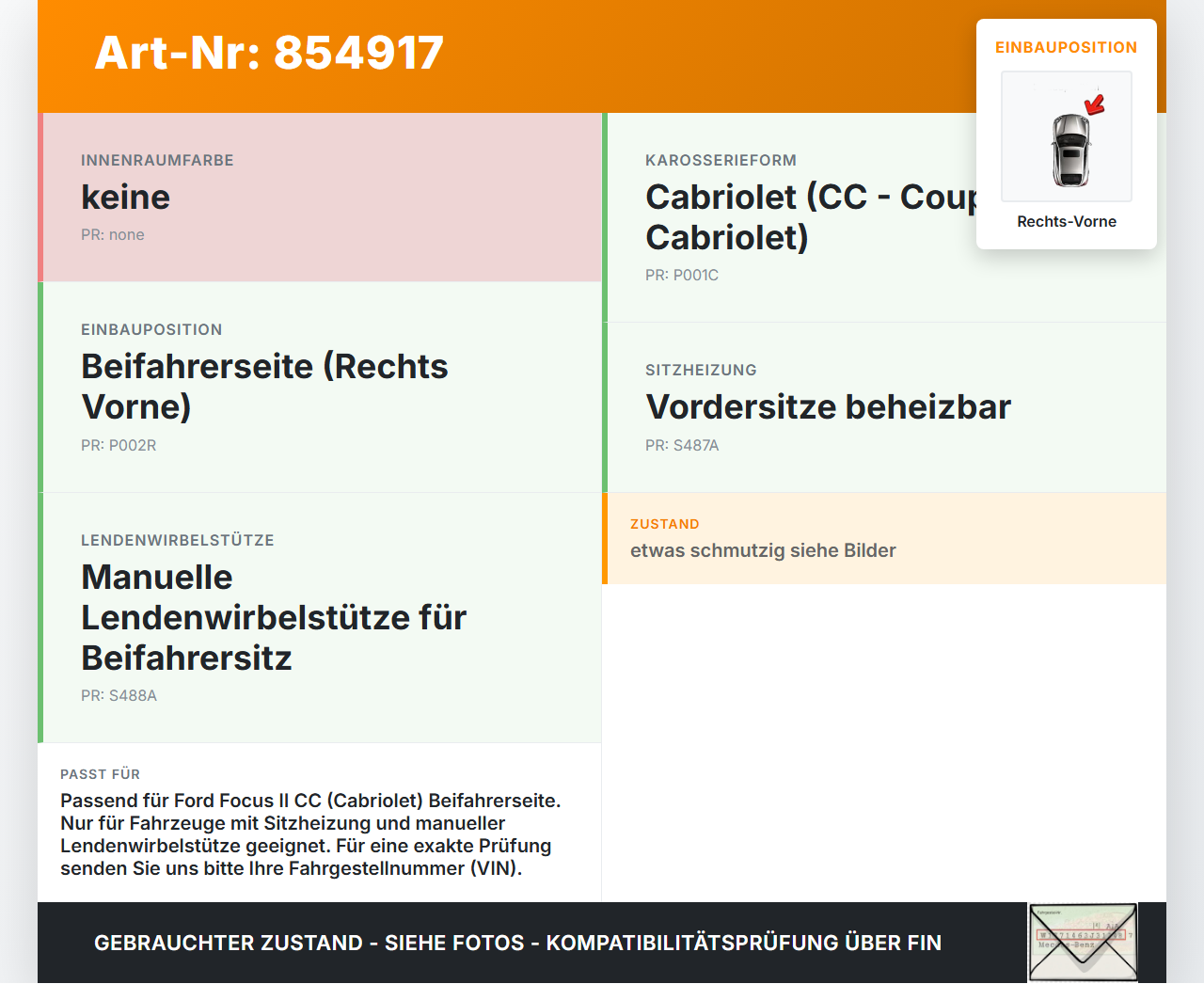 Ford Focus II CC 08-10 Cabriolet Sitzpolster für Beifahrersitz Rechts Vorne beheizt Ford Focus II CC 08-10... Vorschau 3