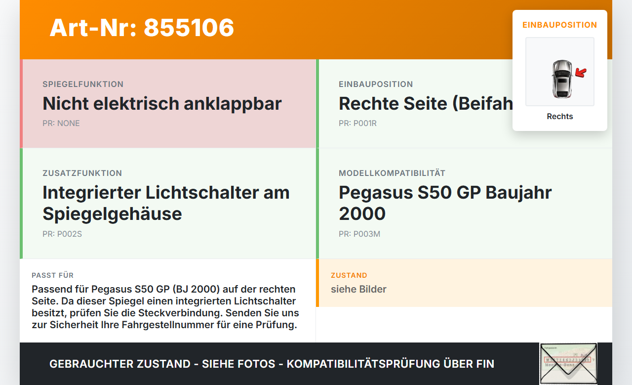 Pegasus S50 GP BJ2000 Spiegel Aussenspiegel Rechts mit Lichtschalter Pegasus S50 GP BJ2000 01.01.2000 gebraucht Vorschau 3