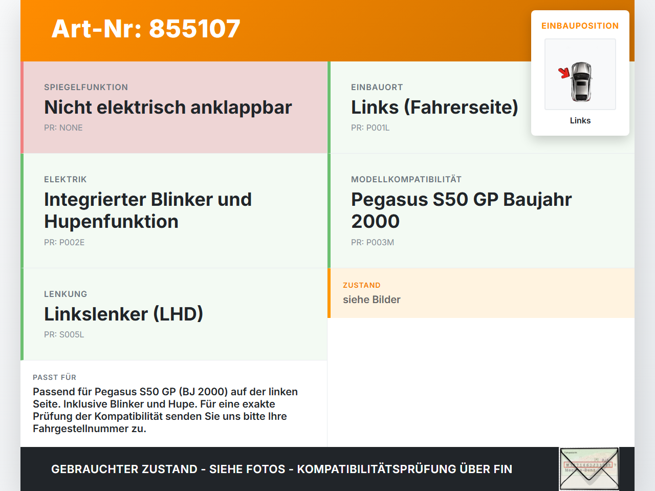 Pegasus S50 GP BJ2000 Spiegel Aussenspiegel Links Blinker und Hupe Pegasus S50 GP BJ2000 01.01.2000 gebraucht Vorschau 3