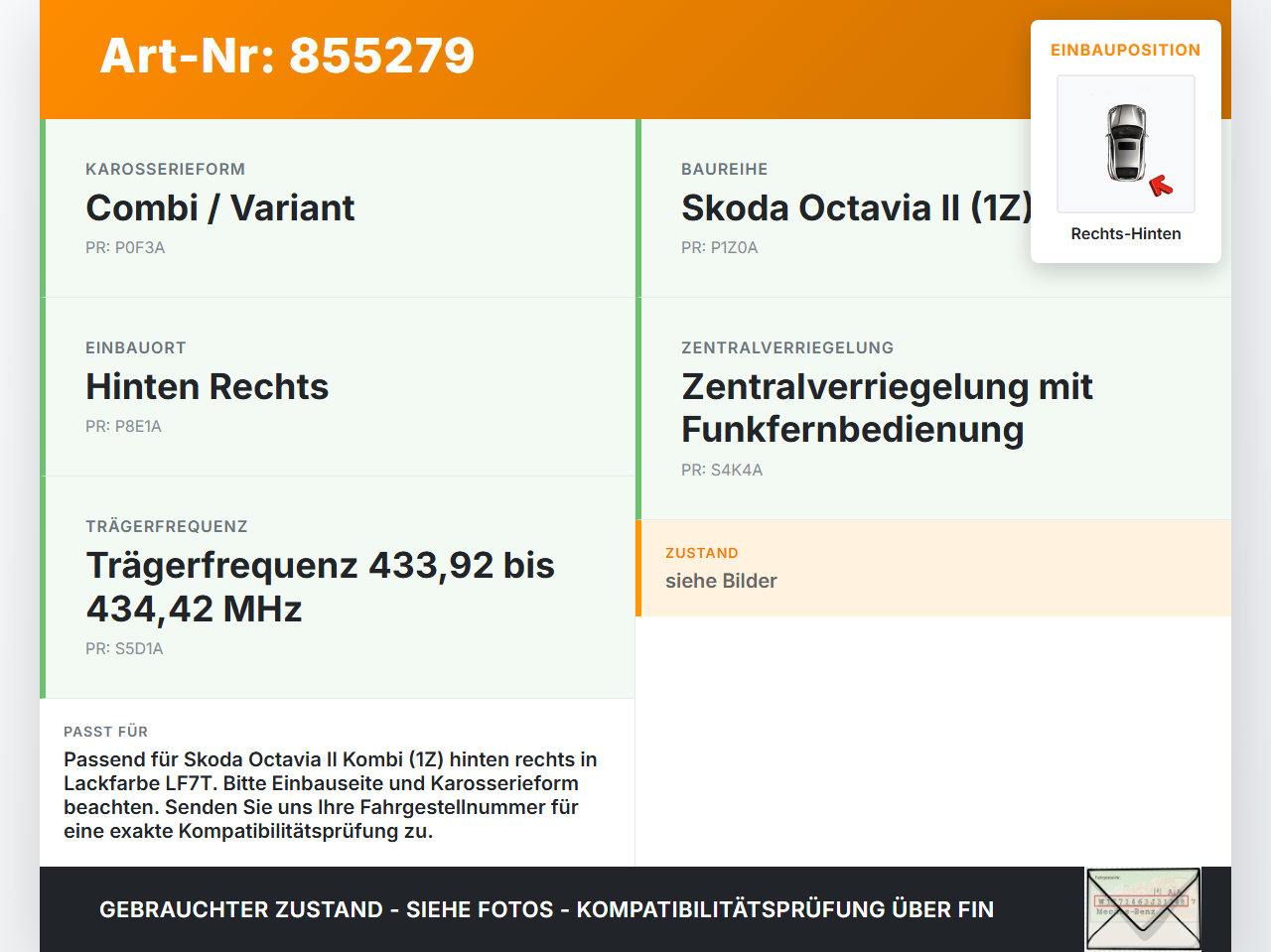Skoda Octavia II 1Z 05-09 Kombi Türgriff Griff aussen Rechts Hinten LF7T Skoda Octavia II 1Z 05-09 01.02.2006 gebraucht Vorschau 3