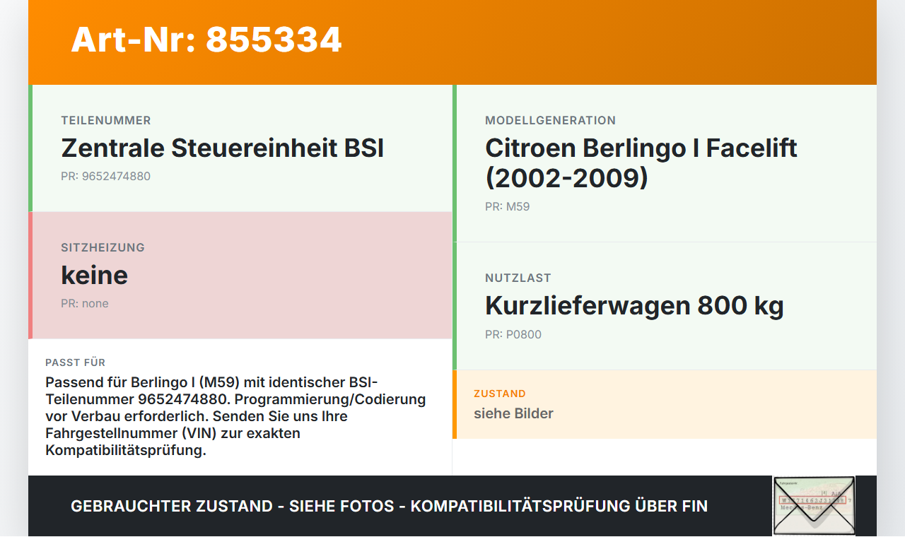 Citroen Berlingo I M59 02-09 Steuergerät ECU Modul BSI Citroen Berlingo I M59 02-09 02.06.2004 9652474880 gebraucht Vorschau 3