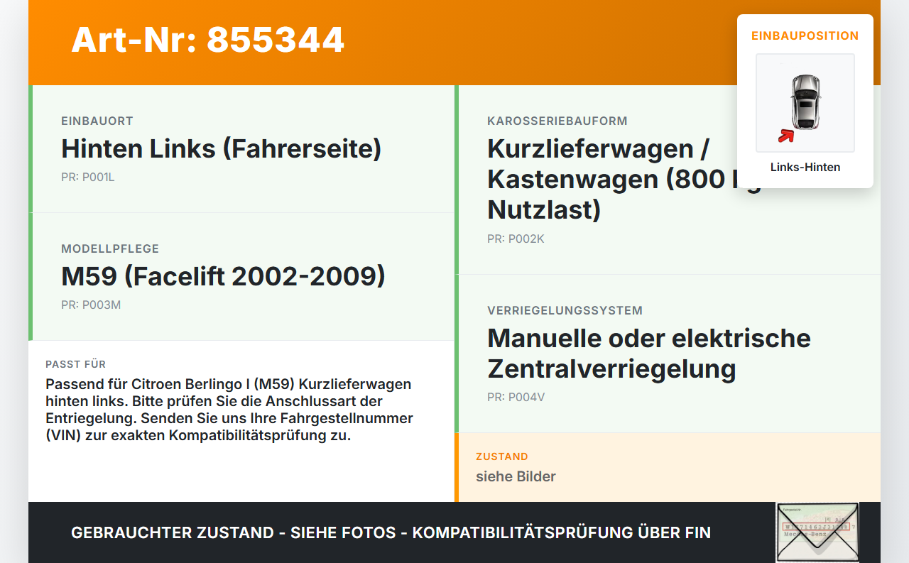 Citroen Berlingo I M59 02-09 First Kasten Türschloss Entriegelung Links Hinten Citroen Berlingo I M59 02-09... Vorschau 3