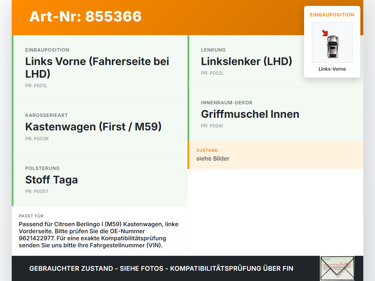 Citroen Berlingo I M59 02-09 First Kasten Türgriff Griff Griffmuschel Innen Links Vorne Citroen Berlingo I M59... Vorschau 3
