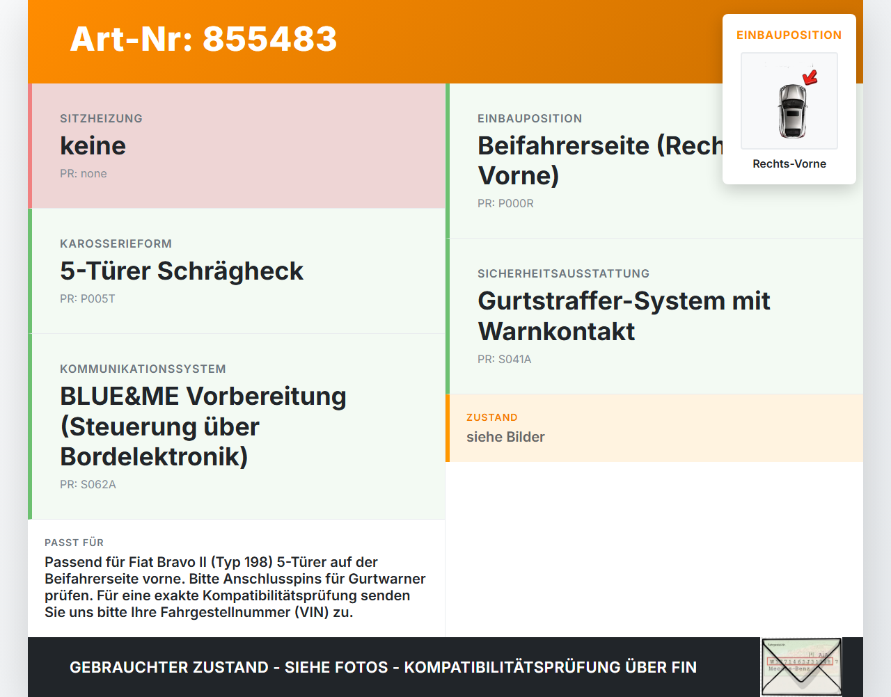Fiat Bravo II 198 07-14 5T Gurtschloss Rechts Vorne Fiat Bravo II 198 07-14 30.04.2008 gebraucht Vorschau 3