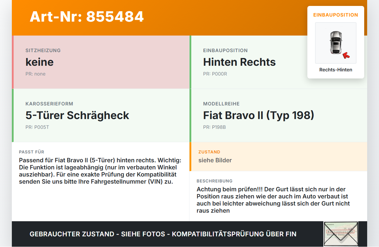 Fiat Bravo II 198 07-14 5T Gurt Sicherheitsgurt Rechts Hinten Fiat Bravo II 198 07-14 30.04.2008 34019926C gebraucht Vorschau 3