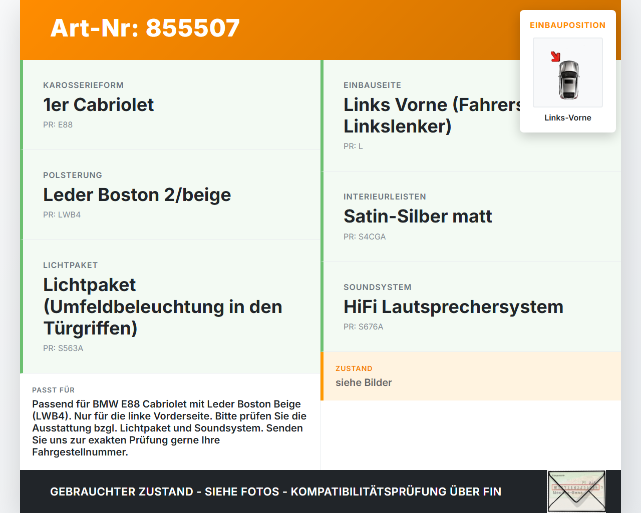 BMW E88 1er 11-13 Cabriolet Türverkleidung Türpappe Links Vorne Boston Beige BMW E88 1er 11-13 14.07.2011 gebraucht Vorschau 3