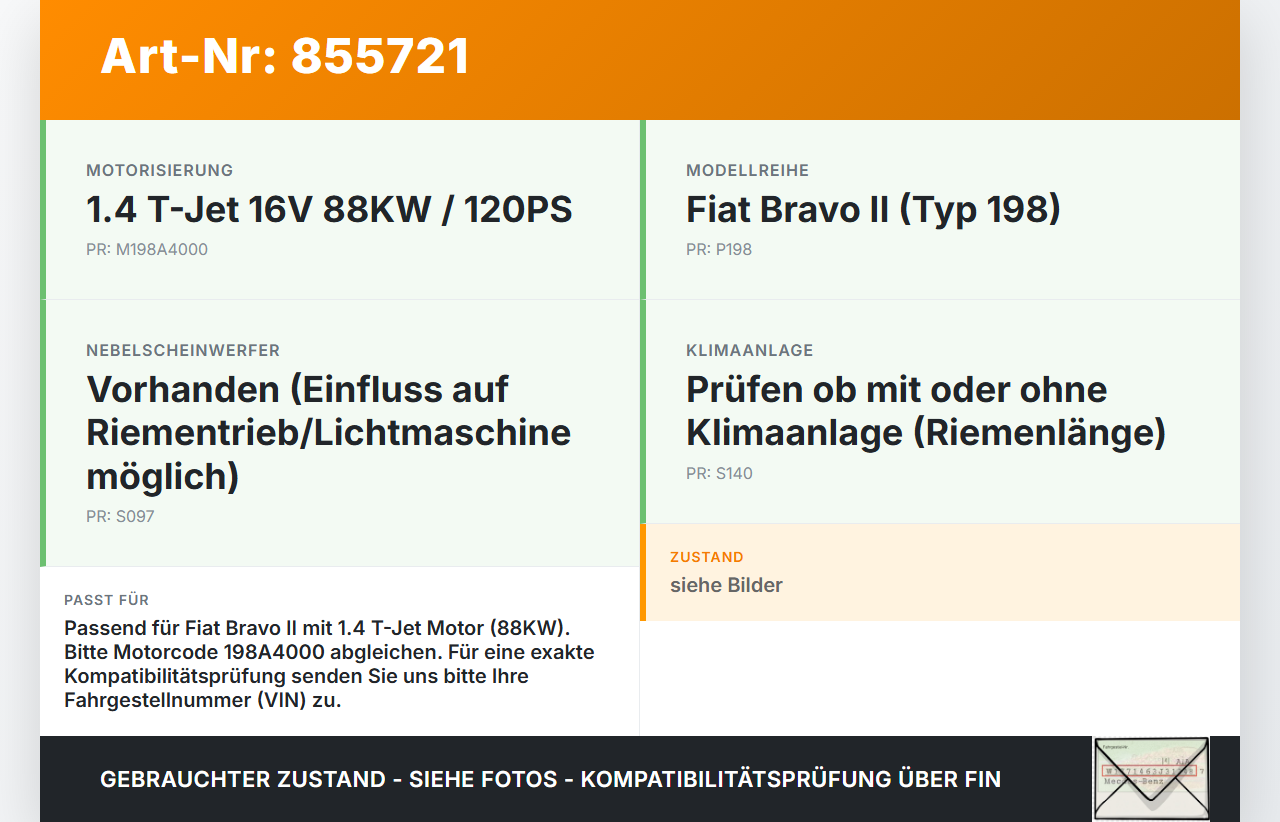 Fiat Bravo II 198 07-14 T-Jet 1,4 88KW 198A4000 Riemenscheibe Fiat Bravo II 198 07-14 30.04.2008 gebraucht Vorschau 3