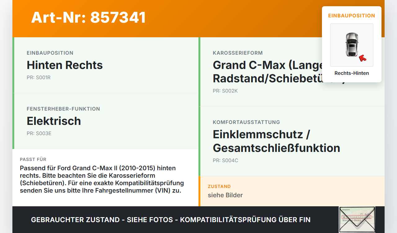 Ford Grand C-Max II 10-15 Fensterhebermotor mit Fensterheber Rechts Hinten Ford Grand C-Max II 10-15 05.12.2013... Vorschau 3