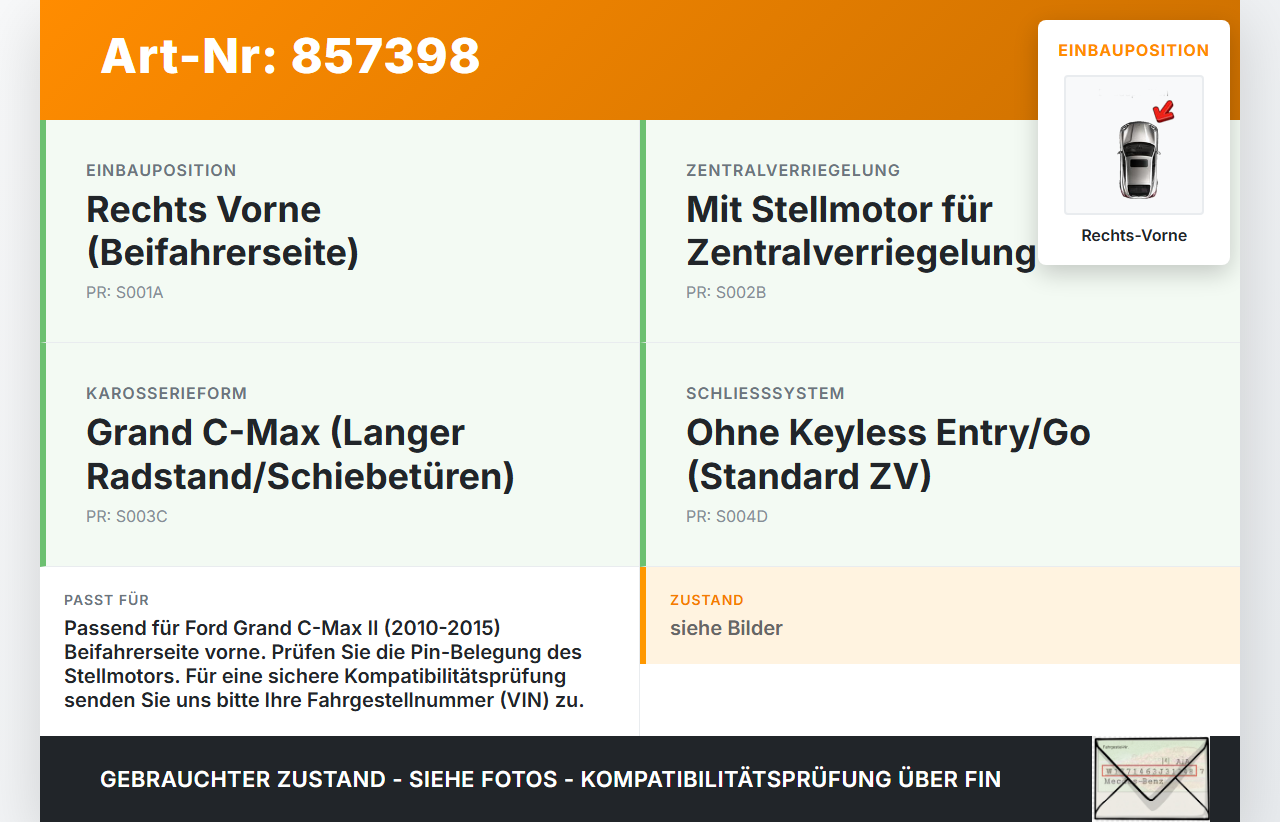 Ford Grand C-Max II 10-15 Türschloss m. ZV Stellmotor Rechts Vorne Ford Grand C-Max II 10-15 05.12.2013... Vorschau 3