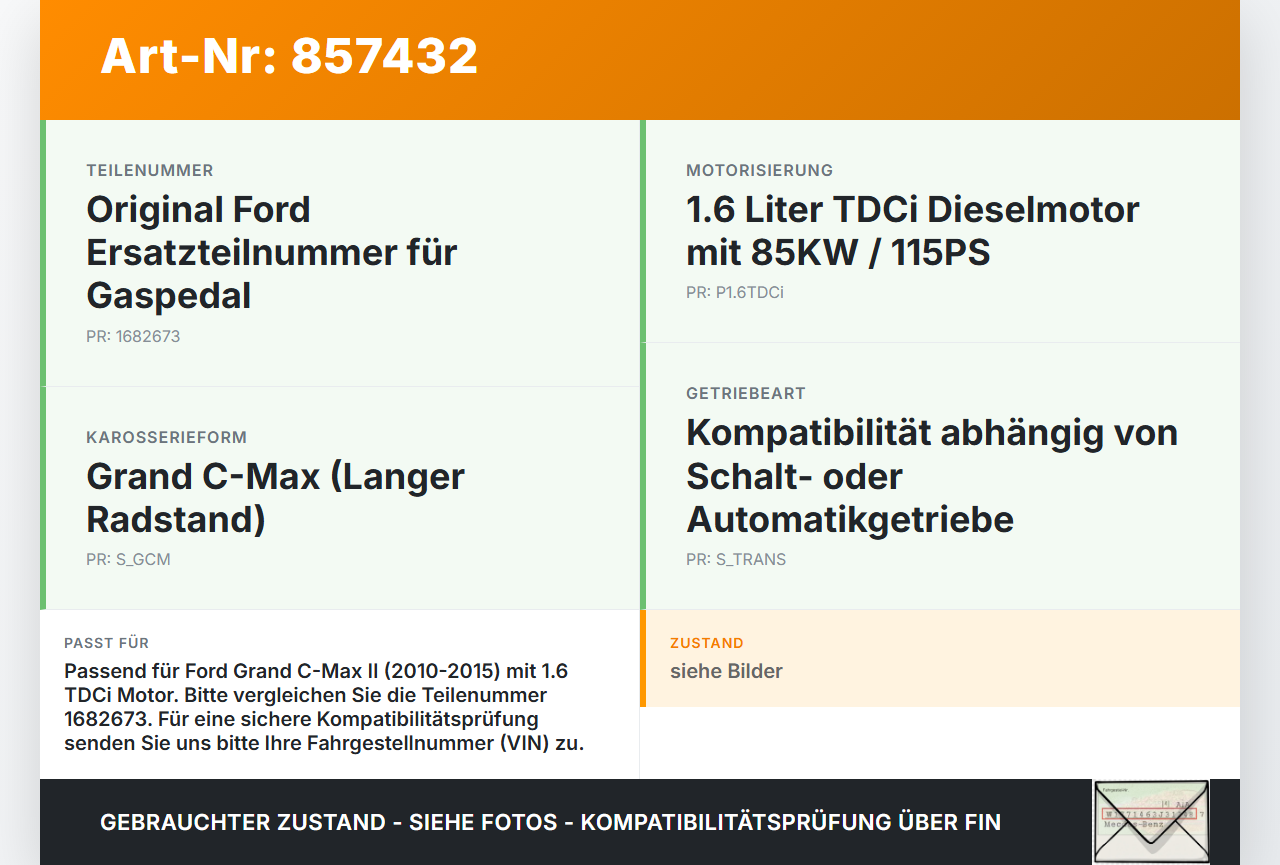 Ford Grand C-Max II 10-15 TDCi 1,6 85KW Gaswertgeber Gaspedal Ford Grand C-Max II 10-15 05.12.2013 AV61-9F836-AB... Vorschau 3