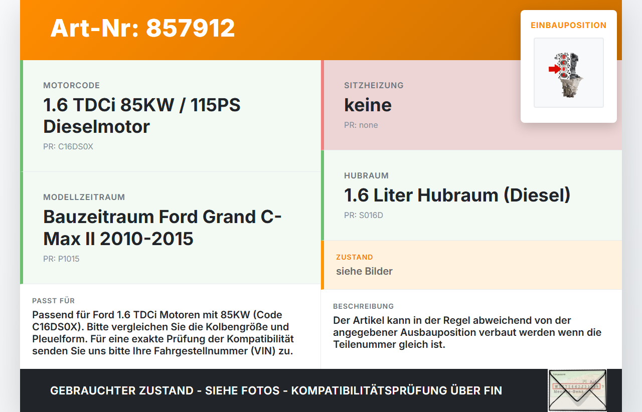 Ford Grand C-Max II 10-15 TDCi 1,6 85KW C16DS0X Kolben mit Pleuel Pos B Ford Grand C-Max II 10-15 05.12.2013 gebraucht Vorschau 3