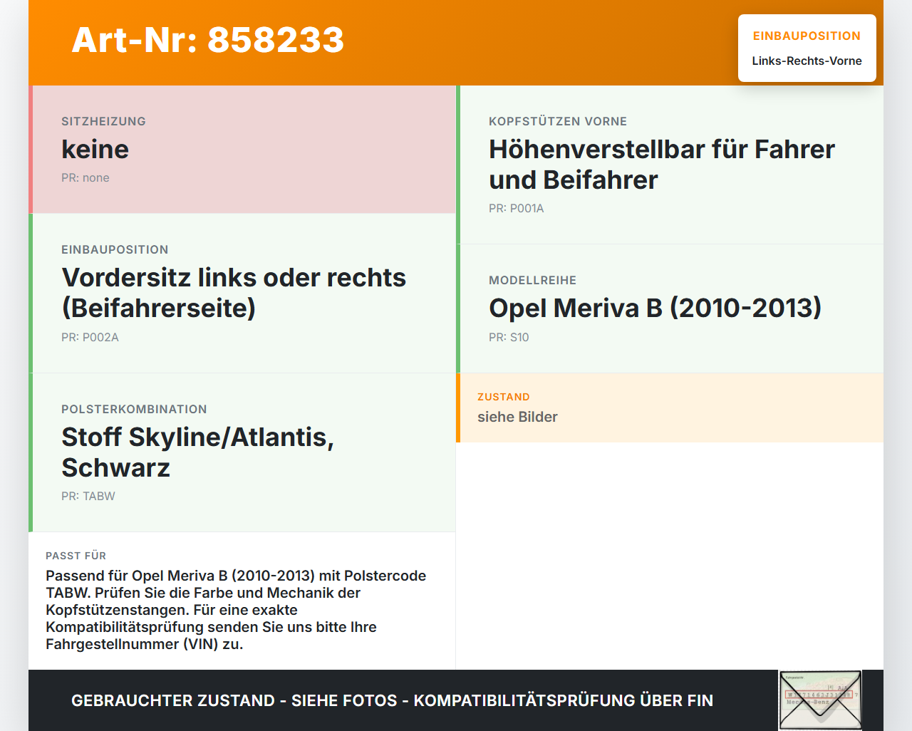 Opel Meriva B S10 10-13 Kopfstütze für Beifahrer Sitz Rechts oder Links Vorne Opel Meriva B S10 10-13 06.02.2012... Vorschau 3