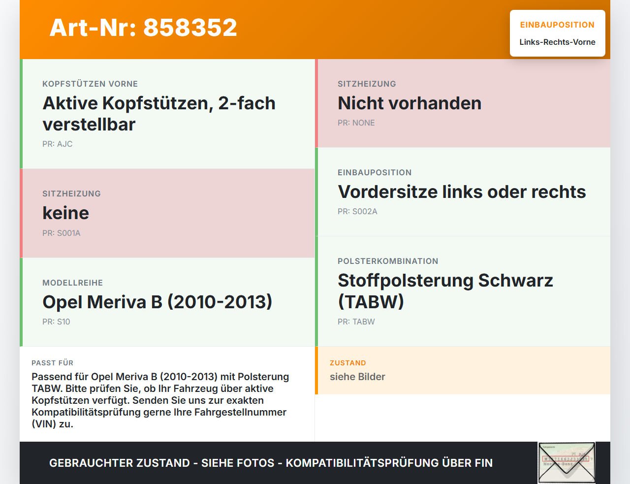 Opel Meriva B S10 10-13 Kopfstütze für Fahrer Sitz Rechts oder Links Vorne Opel Meriva B S10 10-13 06.02.2012 gebraucht Vorschau 3